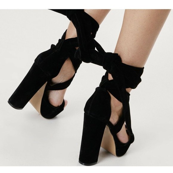 5.5” Lace Up Ankle open toe Chunky platform Sexy heel Black Faux Suede sz 9 - Picture 2 of 6